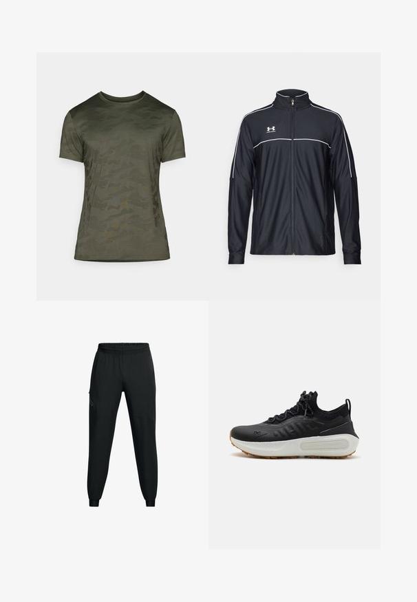 Melnā sporta jaka, izgatavota no gludas auduma, ar augstu apkakli, pilnu rāvējslēdzēju un baltu apdari gar pleciem un krūtīm.; Olīvu zaļa īsām piedurknēm T-kreklu ar smalku kamuflāžas rakstu. Izgatavots no mīkstas auduma, ar apaļu kakla izgriezumu un pieguļošu piegriezumu.; Melni sporta bikses ar elastīgu jostu, sašaurinātu kāju dizainu, sānu kabatām un kontrastējošām paneļu detaļām. Viegls, gluds audums.; Melni sporta apavi ar teksturētu augšdaļu, zeķes tipa apkakli, pelēkiem šņorēm un baltu vidusdaļu ar rakstainu dizainu un gumijas zoli.