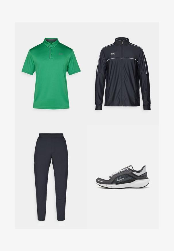 Zwarte sportjack van soepel materiaal, met een hoge kraag, volledige ritssluiting en witte piping langs de schouders en borst.; Groene polo shirt gemaakt van textuurstof, met een klassieke kraag, drie knopen en een klein paars logo op de linkerkant van de borst.; Zwarte sportbroeken met een gladde textuur, slanke pasvorm, elastische tailleband en zijzakken. Bevat een klein logo op het linkerdij.; Zwarte en grijze sportschoen met een bovenwerk van mesh, reflecterende accenten en een witte tussenzool. Beschikt over een gestructureerde rubberen zool en veters.