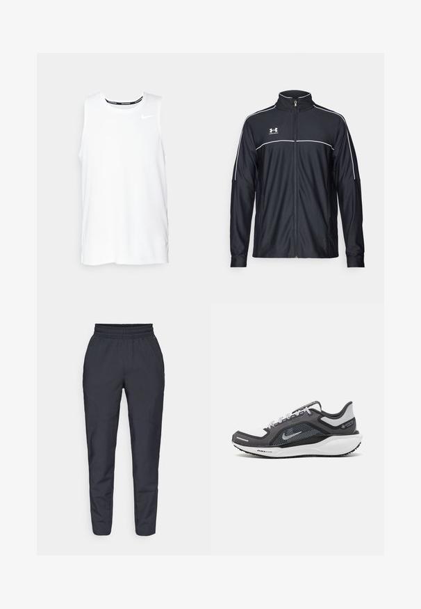Black athletic jacket made of smooth fabric, featuring a high collar, full zipper, and white piping along the shoulders and chest.; White sleeveless Nike running top with a round neckline, smooth texture, and black Nike logo on the upper left chest.; Navy tapered pants made of soft fabric, featuring an elastic waistband, side pockets, and a smooth texture with subtle stitching details.; Black and gray athletic shoe with a mesh upper, reflective accents, and a white midsole. Features textured rubber outsole and laces.