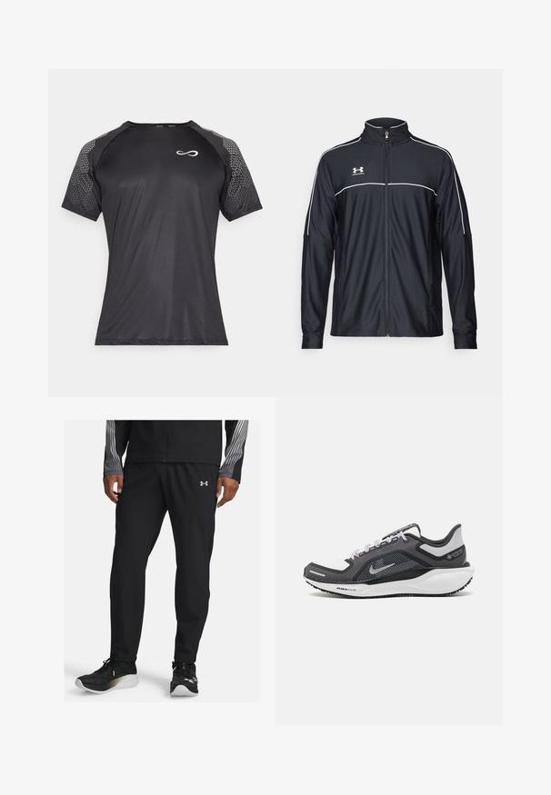 Juodas sportinis džemperis, pagamintas iš lygaus audinio, turintis aukštą apykaklę, pilną užtrauktuką ir baltą apvadą palei pečius ir krūtinę.; Endless FEISTY HEXAGON - Marškinėliai su spaudiniu - black; Juodos sportinės kelnės, pagamintos iš lengvos medžiagos, su siaurėjančiu dizainu ir elastingu juosmeniu. Papuoštos mažyte logotipu priekyje.; Juodas ir pilkas sportinis batelis su tinkleliu viršuje, atspindinčiais akcentais ir balta vidurinė dalimi. Yra tekstūruota guminė išorinė pada ir raišteliai.