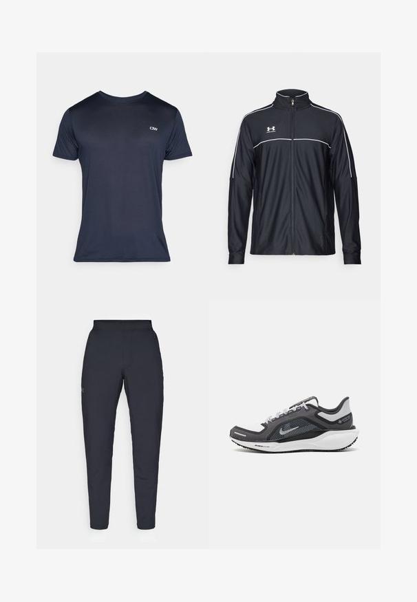 Chaqueta deportiva negra de tejido suave, con un alto cuello, cremallera completa y ribetes blancos en los hombros y el pecho.; Camiseta de manga corta azul marino, hecha de tela acanalada, con un pequeño logo en el lado superior izquierdo y un cuello redondo clásico.; Pantalones deportivos negros con una textura suave, corte ajustado, cinturilla elástica y bolsillos laterales. Presentan un pequeño logo en el muslo izquierdo.; Zapatilla deportiva negro y gris con parte superior de malla, acentos reflectantes y una entresuela blanca. Presenta una suela de goma texturizada y cordones.