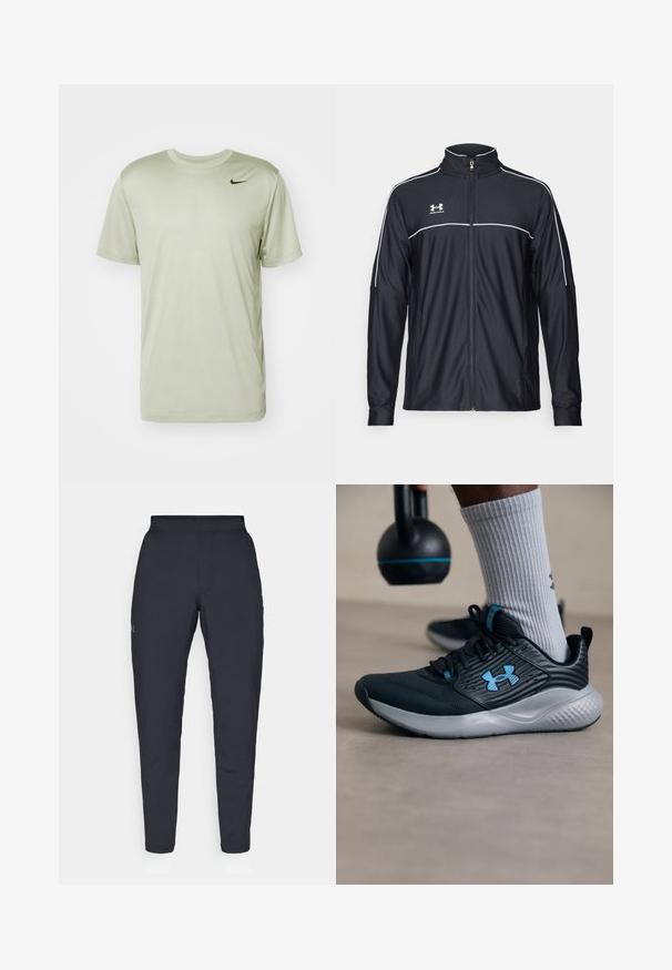 Musta urheilu takki, joka on valmistettu sileästä kankaasta. Takissa on korkea kaulus, täyspitkä vetoketju ja valkoiset tehosteet olkapäissä ja rinnassa.; Nike Performance TEE RESET - Tekninen t-paita - jade horizon; Mustat urheiluhousut, joissa on sileä pinta, kapea malli, joustava vyötäkuja ja sivutaskut. Vasemmassa reisissä on pieni logo.; Mustat urheilukengät sinisillä yksityiskohdilla, teksturoitu pinta ja harmaa pohja. Vaatteena harmaat ribbited socksit, mustan kettlebellin vieressä.