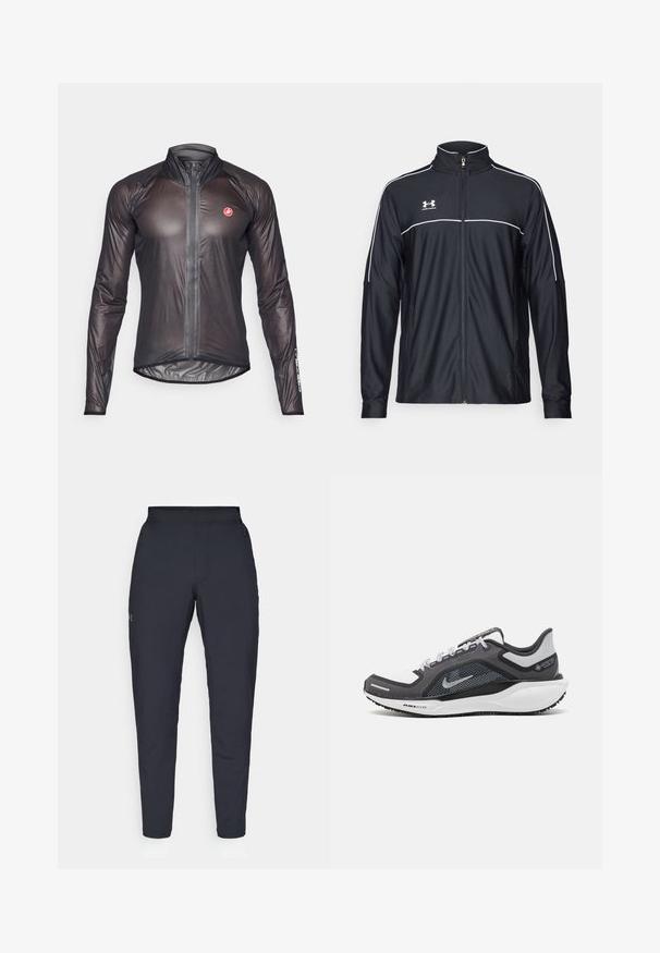 Crna sportska jakna od glatkog materijala, s visokim ovratnikom, punim zatvaračem i bijelim detaljima duž ramena i grudnog dijela.; Crna dugorukava biciklistička jakna od lagane, tanke tkanine. Ima zatvarač po cijeloj dužini i visoki ovratnik. Castelli logo na rukavu.; Crne sportske hlače s glatkom teksturom, uskih krojeva, elastičnim pojasom i bočnim džepovima. Imaju mali logo na lijevom bedru.; Crne i sive atletske cipele s mrežastim gornjim dijelom, reflektirajućim detaljima i bijelim među-djelom. Imaju strukturiranu gumenu potplate i vezice.