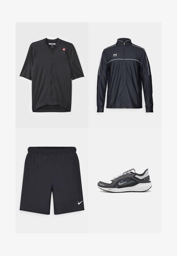 Čierna športová bunda vyrobená z hladkej látky, s vysokým golierom, plným zipsom a bielymi pásikmi pozdĺž ramien a hrudníka.; Cyklistický dres s krátkym rukávom v čiernej farbe s predným zipsom, ktorý má malé logo a textúrovaný dizajn po celej ploche.; Čierne atletické šortky z ľahkého materiálu s elastickým pásom. Na dolnej ľavej strane majú malé biele logo Nike.; Čierna a sivá športová obuv s vrchnou časťou z priedušného materiálu, reflexné akcenty a biely medzipodrážka. Obsahuje štruktúrovanú gumovú podrážku a šnúrky.