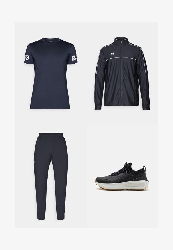 Fekete sportdzseki sima szövetből, magas nyakkal, teljes cipzárral és fehér díszítéssel a vállakon és a mellkason.; Tengerészkék, rövid ujjú sportpóló kerek nyakkal; mindkét ujján fehér logó részletekkel és sima, rugalmas anyaggal rendelkezik.; Fekete sportnadrág sima textúrával, karcsú szabással, rugalmas derékrésszel és oldalzsebekkel. A bal combján egy kis logó található.; Fekete sportcipő, texturált felsőrésszel, zokniszerű felsőszállal, szürke fűzőkkel, fehér középtalppal, amely mintás dizájnnal és gumitalppal rendelkezik.