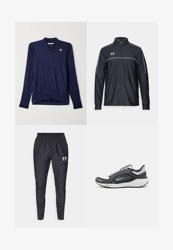Svart treningsjakke laget av glatt stoff, med høy krage, full glidelås og hvite detaljer langs skuldrene og brystet.; Marine langermet sykkeltrøye med glidelås foran, ribbet tekstur og merkevarelogg på venstre bryst. Enkel design med tettsittende passform.; Under Armour PRO PANT - Joggebukse - black/white; Svart og grå atletisk sko med mesh-overdel, refleksdetaljer og hvit mellomsåle. Har strukturert gummisåle og lisser.