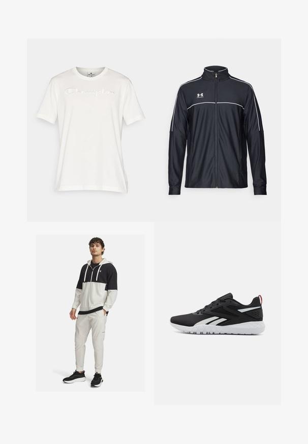 Chaqueta deportiva negra de tejido suave, con un alto cuello, cremallera completa y ribetes blancos en los hombros y el pecho.; Camiseta de algodón blanca con mangas cortas, que presenta un logo "Champion" grabado en el pecho, cuello redondo y dobladillo recto.; Chaqueta deportiva con capucha en blanco y negro con cierre de cremallera; combinada con pantalones joggers blancos con bolsillos y puños elásticos; zapatillas negras.; Zapatillas deportivas negras con parte superior de malla, acentos blancos, suela texturizada y una pestaña en el talón roja para un detalle adicional.