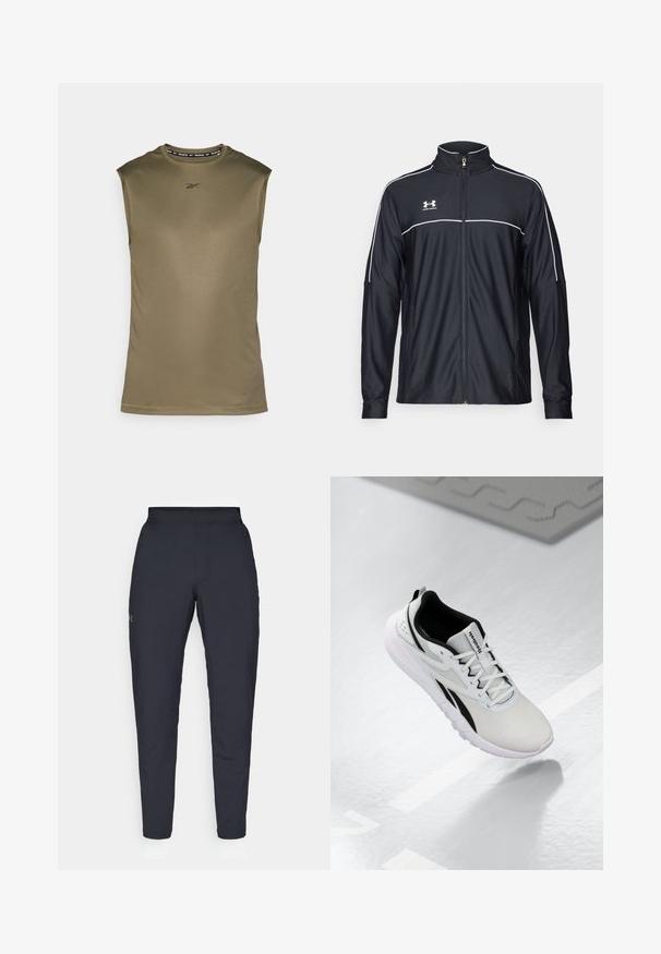 Schwarze Sportjacke aus glattem Material, mit hohem Kragen, durchgehendem Reißverschluss und weißen Paspeln entlang der Schultern und der Brust.; Ärmelloses Sportoberteil in Olivgrün, aus glattem, leichtem Material gefertigt. Mit einem schwarzen Reebok-Logo und einem Rundhalsausschnitt ausgestattet.; Schwarze Sporthose mit glatter Textur, schlankem Schnitt, elastischem Bund und seitlichen Taschen. Mit einem kleinen Logo auf dem linken Oberschenkel.; Hellgrau Sport-Schuh mit schwarzen Akzenten, strukturiertem Mesh-Obermaterial, gepolstertem Sohlen und Schnürverschluss. Mit einer Zuglasche an der Ferse.