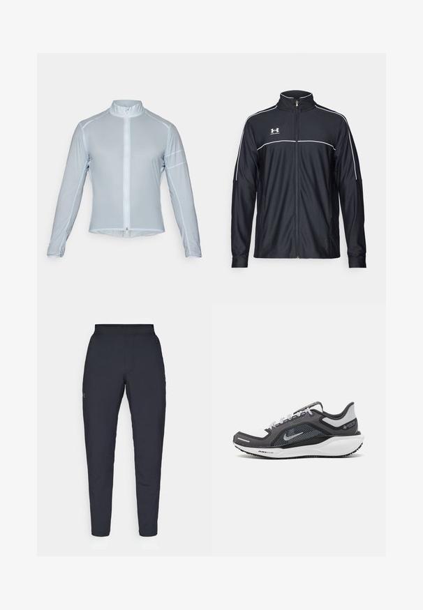 Mustmust rõivakate, mis on valmistatud siledast kangast, kõrge kraega, täispika tõmblukuga ja valgete ääristega õlgadel ja rinnaosas.; Hele sinine pika varrukaga jalgrattajakk, mis on valmistatud kergest ja siledast materjalist; omab täispikki lukku ja kontrastseid õmblustooted.; Mustad mustreid spordipüksid, millel on sile tekstuur, kitsas lõige, elastne vöökoht ja küljetaskud. Vasakule reiele on tikandatud väike logo.; Mustern ja hallide värvusega spordijalats, millel on võrgusilmast ülemine osa, peegeldavad aktsendid ja valge vaheosa. Omab tekstuuriga kummist välisosa ja kingapaelu.