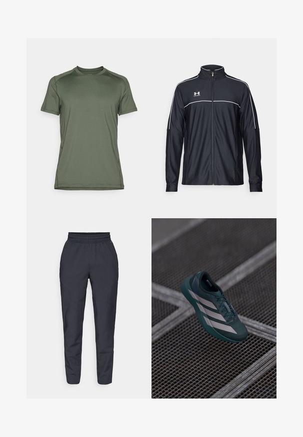 Melnā sporta jaka, izgatavota no gludas auduma, ar augstu apkakli, pilnu rāvējslēdzēju un baltu apdari gar pleciem un krūtīm.; Sīko piedurkņu sporta krekls olīvzaļā krāsā, izgatavots no gludas, vieglas auduma; ar apaļu kakla izgriezumu un minimālu šuvju apdari.; Jūras spēku šauras bikses, izgatavotas no mīksta auduma, ar elastīgu jostu, sānu kabatām un gludu tekstūru ar smalkiem šuvumu papildinājumiem.; Tumši tējas krāsas sporta apavi ar teksturētu virsu, ar trim baltām svītrām, noapaļotu purngalu un mīkstu zoli.