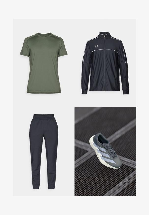 Melnā sporta jaka, izgatavota no gludas auduma, ar augstu apkakli, pilnu rāvējslēdzēju un baltu apdari gar pleciem un krūtīm.; Sīko piedurkņu sporta krekls olīvzaļā krāsā, izgatavots no gludas, vieglas auduma; ar apaļu kakla izgriezumu un minimālu šuvju apdari.; Jūras spēku šauras bikses, izgatavotas no mīksta auduma, ar elastīgu jostu, sānu kabatām un gludu tekstūru ar smalkiem šuvumu papildinājumiem.; Sporta apavi pelēkā un baltā krāsā, izgatavoti no sintētiska materiāla, ar plūstošu dizainu, teksturētu virsmu un izteiktu auklu sistēmu.