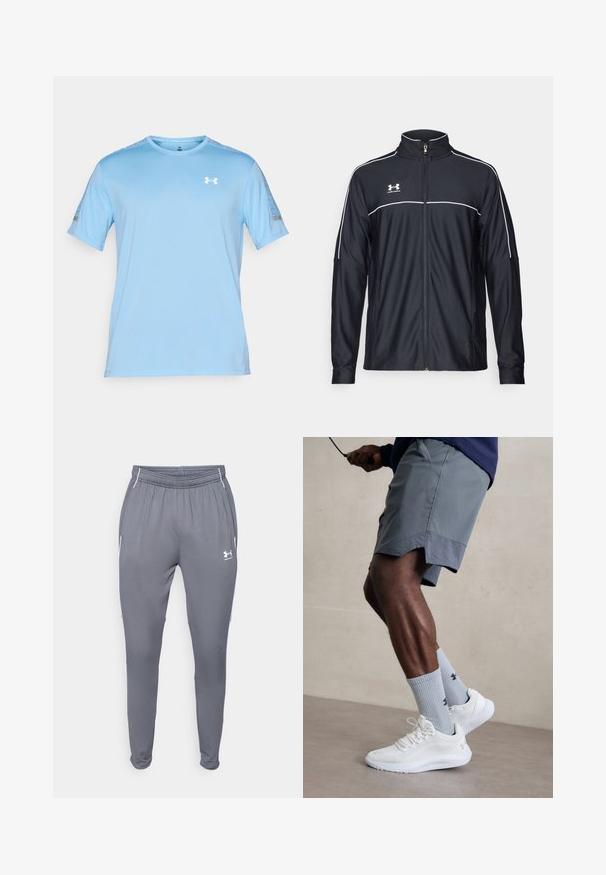 Giacca sportiva nera realizzata in tessuto liscio, con colletto alto, zip completa e piping bianco lungo le spalle e il petto.; Maglietta atletica azzurro chiaro a maniche corte con collo tondo, piccolo logo Under Armour bianco sul petto e dettagli in tessuto texturizzato sulle maniche.; Pantaloni sportivi grigi con vita elastica, tasche laterali e dettagli bianchi. Realizzati in un materiale morbido e leggero.; Scarpe da ginnastica bianche con tomaia in mesh testurizzato, abbinate a calzini a coste blu chiaro con un logo. Pantaloni sportivi grigi con bordi perforati.