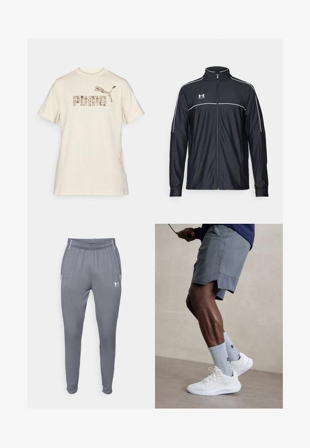 Giacca sportiva nera realizzata in tessuto liscio, con colletto alto, zip completa e piping bianco lungo le spalle e il petto.; T-shirt in cotone crema con maniche corte e collo girocollo. Presenta un logo "PUMA" con motivo camouflage e l'emblema del puma saltante stampato in tonalità tenui.; Pantaloni sportivi grigi con vita elastica, tasche laterali e dettagli bianchi. Realizzati in un materiale morbido e leggero.; Scarpe da ginnastica bianche con tomaia in mesh testurizzato, abbinate a calzini a coste blu chiaro con un logo. Pantaloni sportivi grigi con bordi perforati.