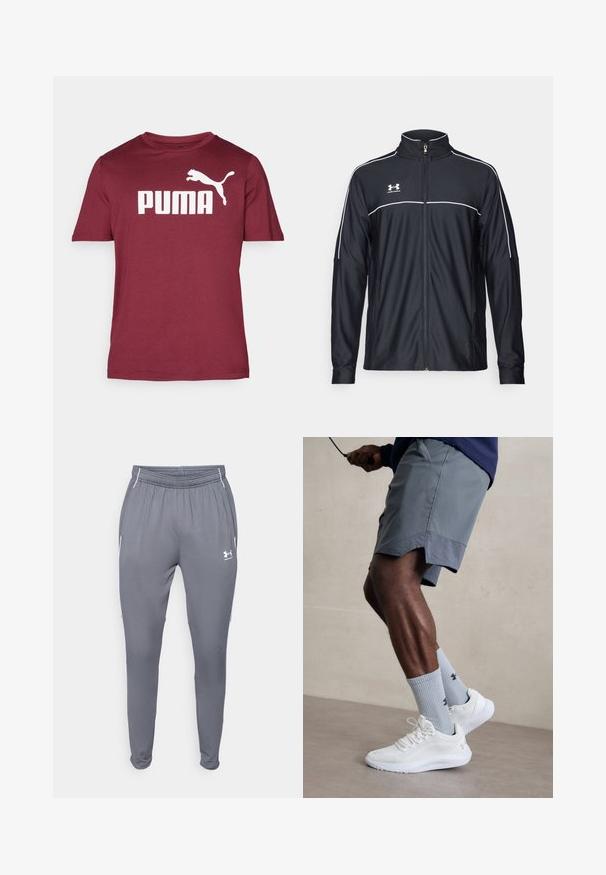 Black athletic jacket made of smooth fabric, featuring a high collar, full zipper, and white piping along the shoulders and chest.; Maroon short-sleeve T-shirt made of soft fabric featuring a large white "PUMA" logo and leaping puma graphic on the front.; Gray athletic pants with elastic waistband, side pockets, and white accents. Made from a smooth, lightweight material.; White athletic shoes with textured mesh upper, paired with light blue ribbed socks featuring a logo. Grey athletic shorts with perforated trim.