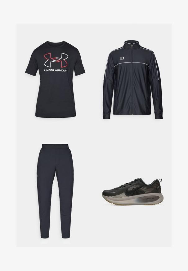 Svart treningsjakke laget av glatt stoff, med høy krage, full glidelås og hvite detaljer langs skuldrene og brystet.; Svart kortermet T-skjorte laget av lett stoff, med et stort rødt og hvitt Under Armour-logo på forsiden.; Sorte treningbukser med glatt tekstur, smal passform, elastisk midjebånd og sidelommer. Har en liten logo på venstre lår.; Svart løpesko med mesh-overdel, reflekterende detaljer og ZoomX-demping. Har en teksturert såle for godt grep. Strømlinjeformet design.