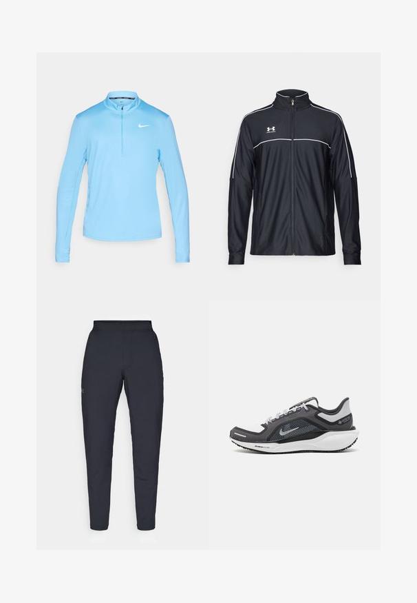 Juodas sportinis džemperis, pagamintas iš lygaus audinio, turintis aukštą apykaklę, pilną užtrauktuką ir baltą apvadą palei pečius ir krūtinę.; Šviesiai mėlynas ilgarankovis sportinis marškinėlis su užtrauktuko apykakle, pagamintas iš lygios medžiagos, ant kairiojo krūtinės puikuojasi baltas Nike logotipas.; Juodos sportinės kelnės su lygiu paviršiumi, siauru siluetu, elastingu juosmeniu ir šoninėmis kišenėmis. Mažas logotipas yra kairėje šlaunyje.; Juodas ir pilkas sportinis batelis su tinkleliu viršuje, atspindinčiais akcentais ir balta vidurinė dalimi. Yra tekstūruota guminė išorinė pada ir raišteliai.