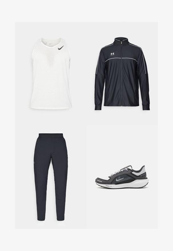 Černá sportovní bunda vyrobena z hladké látky, s vysokým límcem, plným zipem a bílým prošíváním podél ramen a hrudi.; Bílé bezrukávové sportovní tričko vyrobené z prodyšné síťoviny, s kulatým výstřihem a malým černým logem Nike na levé hrudi.; Černé sportovní kalhoty s hladkou texturou, slim fit, elastickým pasem a bočními kapsami. Na levém stehně je umístěno malé logo.; Černá a šedá sportovní obuv s vrškem z prodyšné síťoviny, reflexními akcenty a bílou mezipodešví. Obsahuje texturovanou gumovou podrážku a tkaničky.