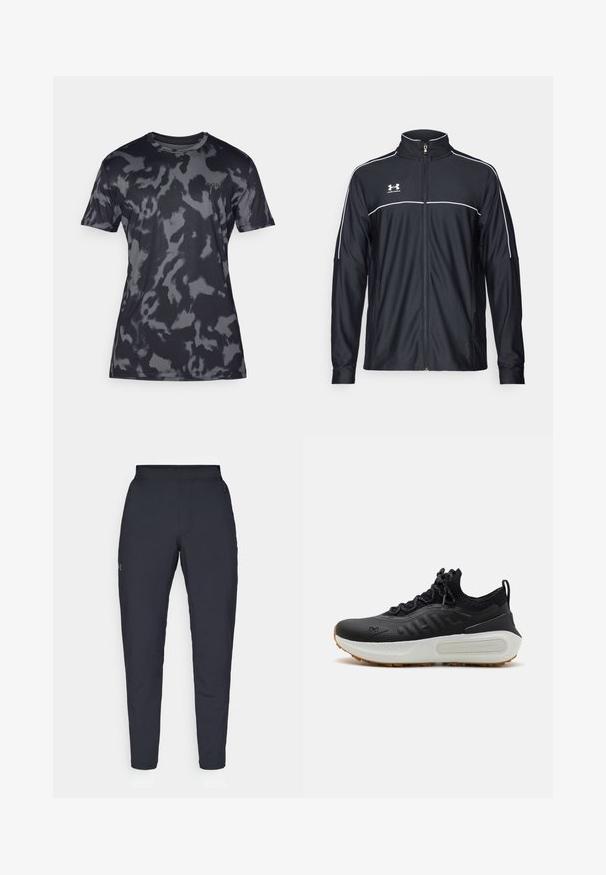 Svart treningsjakke laget av glatt stoff, med høy krage, full glidelås og hvite detaljer langs skuldrene og brystet.; Grå camo kortermet t-skjorte laget av glatt, lett stoff; har rund hals og subtil merkevare på fronten.; Sorte treningbukser med glatt tekstur, smal passform, elastisk midjebånd og sidelommer. Har en liten logo på venstre lår.; Sorte treningssko med teksturert overdel, sokkelignende krave, grå snørebånd, og en hvit mellomsåle med et mønsterdesign samt gummisåle.