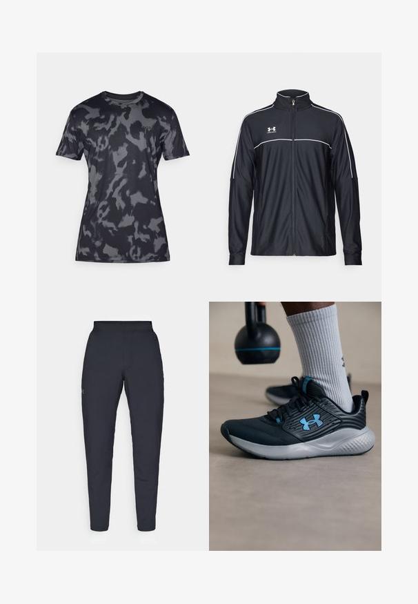 Crna sportska jakna od glatkog materijala, s visokim ovratnikom, punim zatvaračem i bijelim detaljima duž ramena i grudnog dijela.; Siva kamuflaža majica kratkih rukava izrađena od glačane, lagane tkanine; posjeduje okrugli izrez i suptilno brendiranje sprijeda.; Crne sportske hlače s glatkom teksturom, uskih krojeva, elastičnim pojasom i bočnim džepovima. Imaju mali logo na lijevom bedru.; Crne atletske cipele s plavim akcentima, teksturirani gornji dio i sivi đon. Nosi se s sivim rebrastim čarapama, pored crnog kettlebella.