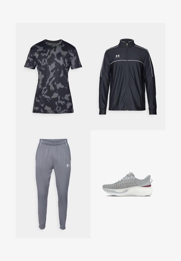 Čierna športová bunda vyrobená z hladkej látky, s vysokým golierom, plným zipsom a bielymi pásikmi pozdĺž ramien a hrudníka.; Šedé maskáčové tričko s krátkymi rukávmi vyrobené z hladkej, ľahkej textílie; má okrúhly výstrih a diskrétne logo na prednej strane.; Šedé športové nohavice s elastickým pásom, bočnými vreckami a bielymi akcentmi. Vyrobené z hladkého, ľahkého materiálu.; Šedá bežecká obuv s priedušným zvrškom, ktorý má červené akcenty, hrubú bielu podrážku a textúrovaný dizajn pre lepšiu priľnavosť.