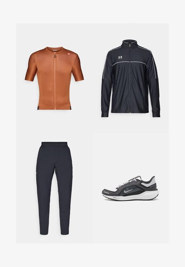 Crna sportska jakna od glatkog materijala, s visokim ovratnikom, punim zatvaračem i bijelim detaljima duž ramena i grudnog dijela.; Majica za vožnju bicikla kratkih rukava od teksturirane tkanine u izgušeno narančastoj boji. Ima delimično zatvaranje na zip i mali logo na ramenu.; Crne sportske hlače s glatkom teksturom, uskih krojeva, elastičnim pojasom i bočnim džepovima. Imaju mali logo na lijevom bedru.; Crne i sive atletske cipele s mrežastim gornjim dijelom, reflektirajućim detaljima i bijelim među-djelom. Imaju strukturiranu gumenu potplate i vezice.