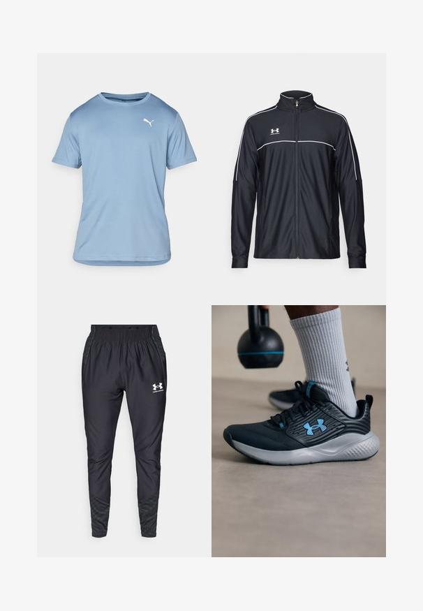 Chaqueta deportiva negra de tejido suave, con un alto cuello, cremallera completa y ribetes blancos en los hombros y el pecho.; Camisa deportiva de manga corta azul claro hecha de tela transpirable, con cuello redondo y un logo blanco de Puma en la parte superior izquierda del pecho.; Under Armour PRO PANT - Pantalones deportivos - black/white; Zapatilla deportiva negra con acentos azules, parte superior texturizada y suela gris. Llevada con calcetines grises de canalé, al lado de una kettlebell negra.