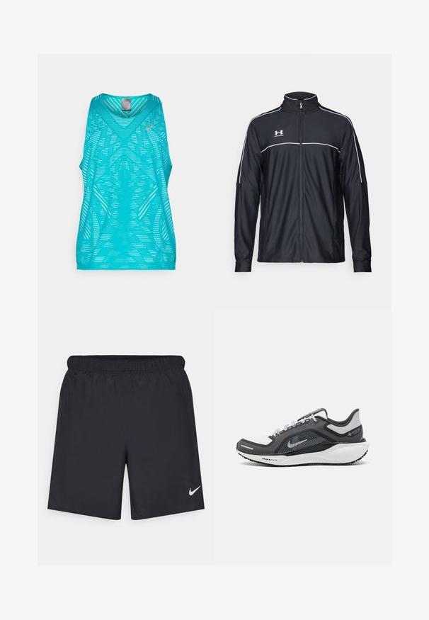 Melnā sporta jaka, izgatavota no gludas auduma, ar augstu apkakli, pilnu rāvējslēdzēju un baltu apdari gar pleciem un krūtīm.; Gaišs tirkīza krāsas topiņš ar v-veida kaklu, kas rotāts ar teksturētu perforāciju rakstu un kontrastējošu logotipa detaļu.; Melnas sporta šorti, izgatavoti no viegla materiāla, ar elastīgu jostu. Uz apakšējā kreisā stūra ir neliels balts Nike logo.; Melnas un pelēkas sporta kurpes ar tīklu augšdaļu, atstarojošiem akcentiem un baltu starpzoli. Aprīkotas ar teksturētu gumijas zoli un šņorēm.