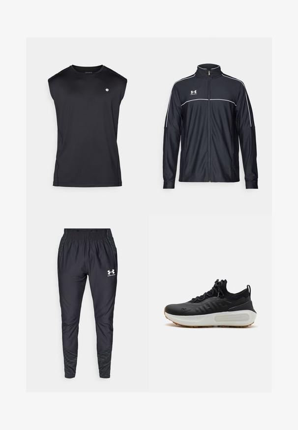 Μαύρο αθλητικό μπουφάν από λείο ύφασμα, με ψηλό γιακά, πλήρη φερμουάρ και λευκό ρέλι στους ώμους και στο στήθος.; Μαύρη αθλητική αμάνικη μπλούζα με στρογγυλή λαιμόκοψη, κατασκευασμένη από λείο ύφασμα, με μικρό λογότυπο στο στήθος και λεπτομέρειες στις πλευρικές ραφές.; Under Armour PRO PANT - Παντελόνι φόρμας - black/white; Μαύρο αθλητικό παπούτσι με υφή στο πάνω μέρος, κολάρο τύπου κάλτσας, γκρίζες κορδόνες, και λευκή μεσαία σόλα με σχεδιασμό και καουτσούκ σόλα.