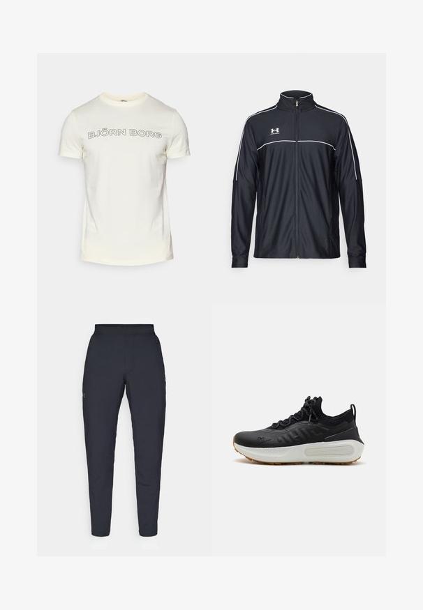 Jachetă sport neagră dintr-un material neted, cu guler înalt, fermoar complet și dungi albe pe umeri și piept.; Tricou din bumbac de culoare crem, cu mâneci scurte, având textul bold de culoare neagră „BJÖRN BORG” pe piept, scris cu un font rotunjit.; Pantaloni sportivi negri cu o textură fină, croială slim, talie elastică și buzunare laterale. Prezentă un mic logo pe coapsa stângă.; Pantofii sport negri au un material superior texturat, o guler tip ciorap, șireturi gri și o talpă intermediară albă cu un design patterned, completată de o talpă din cauciuc.