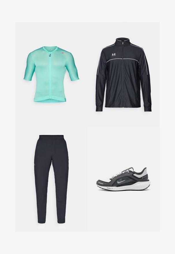Veste de sport noire en tissu lisse, avec un col haut, une fermeture éclair intégrale et des empiècements blancs le long des épaules et de la poitrine.; Maillot de cyclisme à manches courtes en aqua clair, fabriqué en tissu lisse et respirant avec une fermeture éclair à l'avant et des coutures plates pour plus de confort.; Pantalons de sport noirs avec une texture lisse, coupe slim, taille élastique et poches latérales. Présente un petit logo sur la cuisse gauche.; Baskets de sport noires et grises avec un empeigne en maille, des accents réfléchissants et un intermédiaire blanc. Comprend une semelle extérieure en caoutchouc texturé et des lacets.