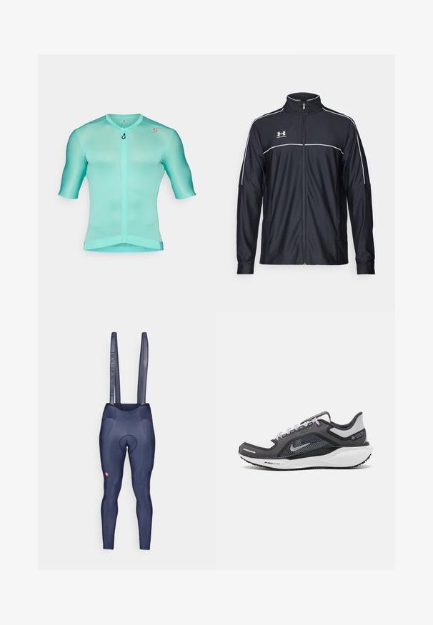 Mustmust rõivakate, mis on valmistatud siledast kangast, kõrge kraega, täispika tõmblukuga ja valgete ääristega õlgadel ja rinnaosas.; Lühikeste varrukatega jalgrattasärk heledas akvas, valmistatud siledast ja hingavast kangast, ees on tõmblukk ja lame õmblus mugavuse tagamiseks.; Tumesinavade jalgrattasõidu püksid, millel on võrgust rihmad, polsterdatud istumisosa, sile kangast tekstuur ja väike logo alumisel säärel.; Mustern ja hallide värvusega spordijalats, millel on võrgusilmast ülemine osa, peegeldavad aktsendid ja valge vaheosa. Omab tekstuuriga kummist välisosa ja kingapaelu.