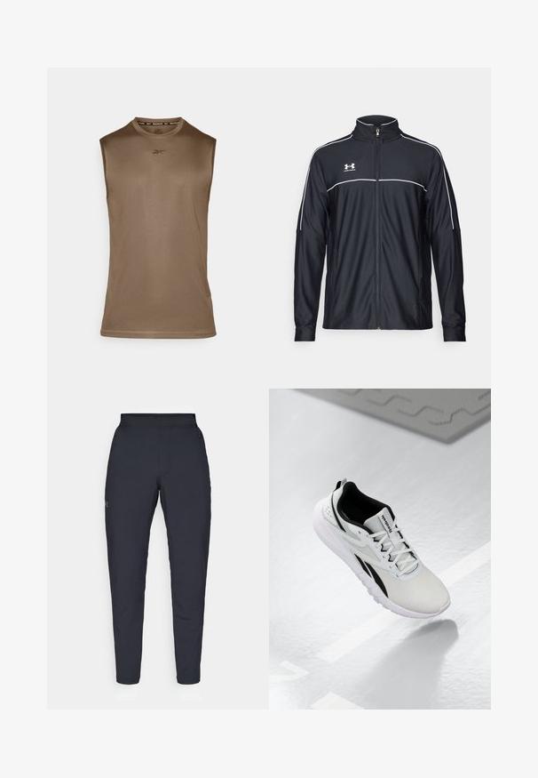 Juodas sportinis džemperis, pagamintas iš lygaus audinio, turintis aukštą apykaklę, pilną užtrauktuką ir baltą apvadą palei pečius ir krūtinę.; Ruda raumenų marškinėliai, pagaminti iš lygaus audinio, turi apvalų iškirpimą ir be rankovių dizainą. Paveikslėlyje centre matyti Reebok logotipas.; Juodos sportinės kelnės su lygiu paviršiumi, siauru siluetu, elastingu juosmeniu ir šoninėmis kišenėmis. Mažas logotipas yra kairėje šlaunyje.; Šviesiai pilki sportiniai batai su juodais akcentais, tekstūruota tinklinė viršutinė dalis, paminkštintas padas ir raišteliais užsegamas užsegimas. Yra kulno traukimo kilpelė.