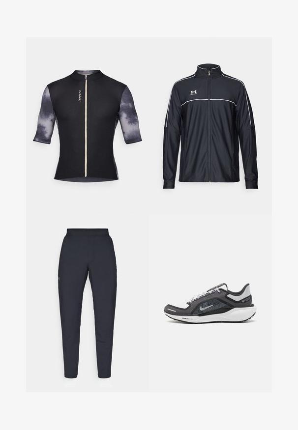 Schwarze Sportjacke aus glattem Material, mit hohem Kragen, durchgehendem Reißverschluss und weißen Paspeln entlang der Schultern und der Brust.; Kurze Radtrikots mit einem gerippten schwarzen Körper und strukturierten grauen Ärmeln mit einem verblassten Muster, ausgestattet mit einem Reißverschluss vorne und einem Logo.; Schwarze Sporthose mit glatter Textur, schlankem Schnitt, elastischem Bund und seitlichen Taschen. Mit einem kleinen Logo auf dem linken Oberschenkel.; Schwarzer und grauer Sportschuh mit einem Mesh-Obermaterial, reflektierenden Akzenten und einer weißen Zwischensohle. Verfügt über eine strukturierte Gummisohle und Schnürsenkel.