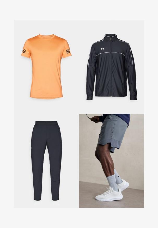 Melnā sporta jaka, izgatavota no gludas auduma, ar augstu apkakli, pilnu rāvējslēdzēju un baltu apdari gar pleciem un krūtīm.; Īsām piedurkņu T-krekls gaiši oranžā krāsā, ar gludu tekstūru, apaļu kakla izgriezumu, ar melnu uzrakstu "BFG" uz kreisās piedurknes.; Melnas sporta bikses ar gludu tekstūru, šauru piegriezumu, elastīgu jostu un sānu kabatām. Uz kreisā augšstilba ir mazs logs.; Baltas sporta apavu pāris ar strukturētu acs virsu, apvienots ar gaiši zilo riboto zeķu pāri, kurā ir zīmols. Pelēki sporta šorti ar perforētu apdari.