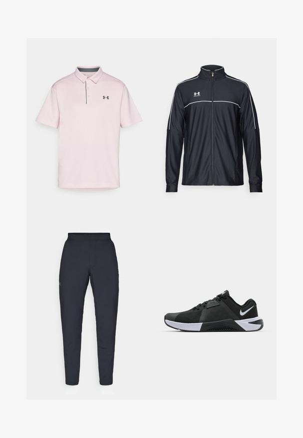 Fekete sportdzseki sima szövetből, magas nyakkal, teljes cipzárral és fehér díszítéssel a vállakon és a mellkason.; Rózsaszín pólóing, textúrált anyagból készült, gallérral, két gombbal, sötétszürke díszítéssel a galléron és egy fekete logóval a mellrészen.; Fekete sportnadrág sima textúrával, karcsú szabással, rugalmas derékrésszel és oldalzsebekkel. A bal combján egy kis logó található.; Nike Performance METCON 10 - Edzőcipő - black/white/anthracite