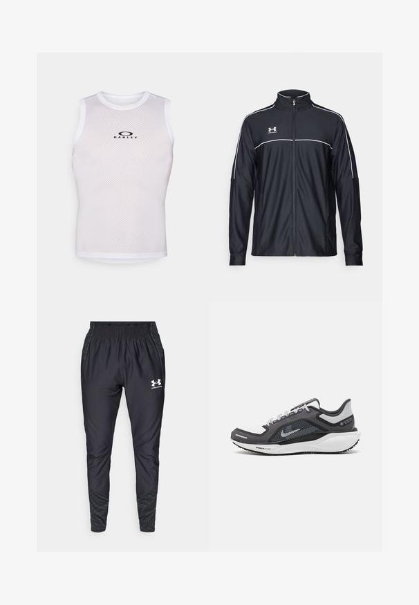 Black athletic jacket made of smooth fabric, featuring a high collar, full zipper, and white piping along the shoulders and chest.; White mesh sleeveless top with a round neckline, featuring a black logo on the front. The fabric has a textured, breathable appearance.; Under Armour PRO PANT - Tracksuit bottoms - black/white; Black and gray athletic shoe with a mesh upper, reflective accents, and a white midsole. Features textured rubber outsole and laces.