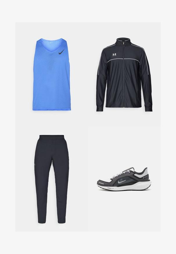 Chaqueta deportiva negra de tejido suave, con un alto cuello, cremallera completa y ribetes blancos en los hombros y el pecho.; Top sin mangas azul de malla con cuello redondo y logo de Nike negro en contraste. Presenta un diseño perforado para ventilación y movimiento.; Pantalones deportivos negros con una textura suave, corte ajustado, cinturilla elástica y bolsillos laterales. Presentan un pequeño logo en el muslo izquierdo.; Zapatilla deportiva negro y gris con parte superior de malla, acentos reflectantes y una entresuela blanca. Presenta una suela de goma texturizada y cordones.