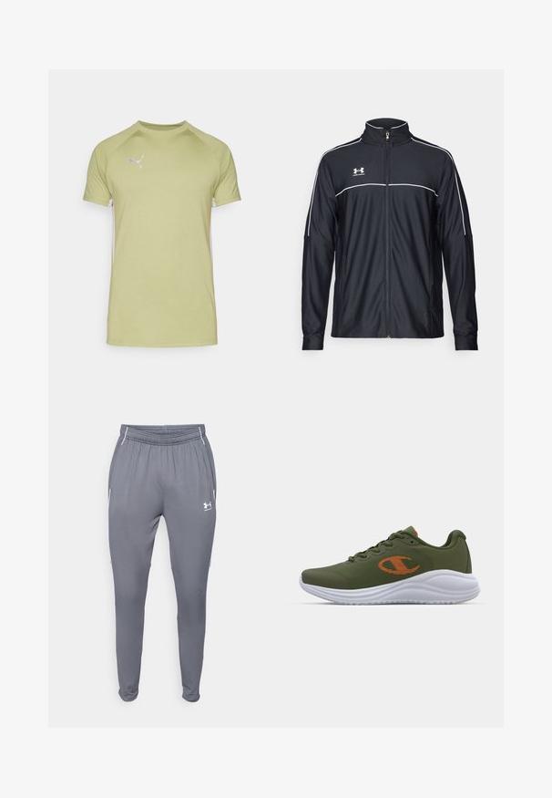 Fekete sportdzseki sima szövetből, magas nyakkal, teljes cipzárral és fehér díszítéssel a vállakon és a mellkason.; Zöld, rövid ujjú póló kerek nyakkivágással és raglánujjakkal, fehér logóval a bal felső mellkason és fehér oldalsó panelekkel.; Szürke sportnadrág, elasztikus derékrésszel, oldalsó zsebekkel és fehér díszítéssel. Simább, könnyű anyagból készült.; Zöld sportcipők texturált hálós felsőrésszel, fehér talppal és narancssárga logóval. Jellemzője a kerek orr, fűzős kialakítás és párnázott nyak.
