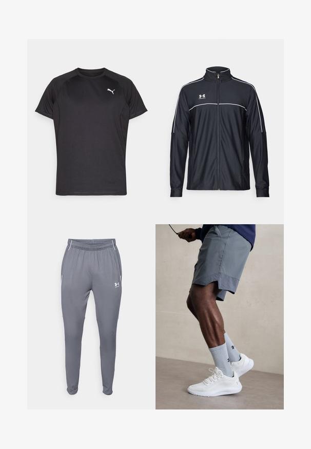 Črna športna jakna iz gladkega blaga, z visokim ovratnikom, polnim zadrgo in belim obrobljanjem ob ramenih in prsih.; Črna športna majica iz gladkega, zračnega materiala. Ima kratke rokave in subtilen bel Puma logo na prsih.; Sive športne hlače z elastičnim pasom, stranskimi žepi in belimi poudarki. Narejene iz gladkega, lahkega materiala.; Bela športna obutev z zgornjim delom iz teksturirane mreže, kombinirana z svetlo modrimi rebrastimi nogavicami z logotipom. Sivi športni šortsi s perforiranim robom.