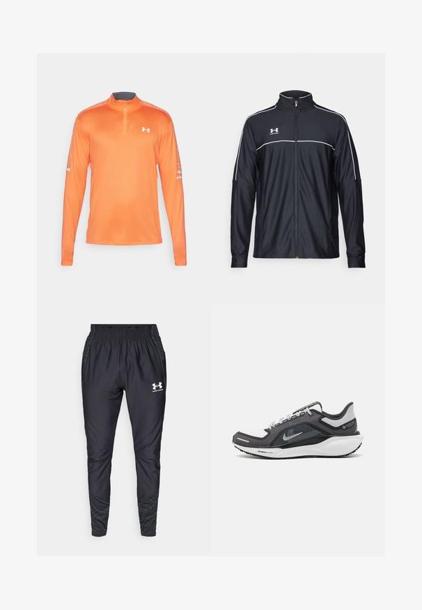 Melnā sporta jaka, izgatavota no gludas auduma, ar augstu apkakli, pilnu rāvējslēdzēju un baltu apdari gar pleciem un krūtīm.; Oranžs sporta krekls ar garām piedurknēm un pusi rāvējslēdzēju pie apkakles. Izgatavots no gludas auduma, ar reljefiem akcentiem uz pleciem.; Under Armour PRO PANT - Treniņtērpa apakšdaļas - black/white; Melnas un pelēkas sporta kurpes ar tīklu augšdaļu, atstarojošiem akcentiem un baltu starpzoli. Aprīkotas ar teksturētu gumijas zoli un šņorēm.