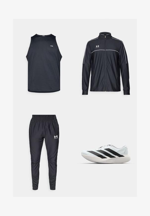 Jachetă sport neagră dintr-un material neted, cu guler înalt, fermoar complet și dungi albe pe umeri și piept.; Tricou sport negru, fără mâneci, dintr-un material texturat și respirabil. Are un gât rotund și brațe largi. Logo mic pe față.; Under Armour PRO PANT - Pantaloni de trening - black/white; Pantofi de alergare ușori în albastru deschis cu dungi negre. Au un superior neted, vârf rotund și o intermediară groasă albă etichetată "LIGHTSTRIKE PRO."