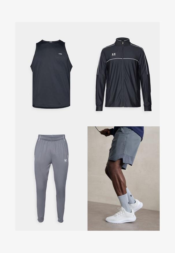 Jachetă sport neagră dintr-un material neted, cu guler înalt, fermoar complet și dungi albe pe umeri și piept.; Tricou sport negru, fără mâneci, dintr-un material texturat și respirabil. Are un gât rotund și brațe largi. Logo mic pe față.; Pantaloni atletici gri cu talie elastică, buzunare laterale și accente albe. Realizați dintr-un material neted și ușor.; Încălțăminte sport albă cu partea superioară din plasă texturată, asociată cu șosete ribbate de culoare bleu deschis care au un logo. Şorturi sportive gri cu margine perforată.