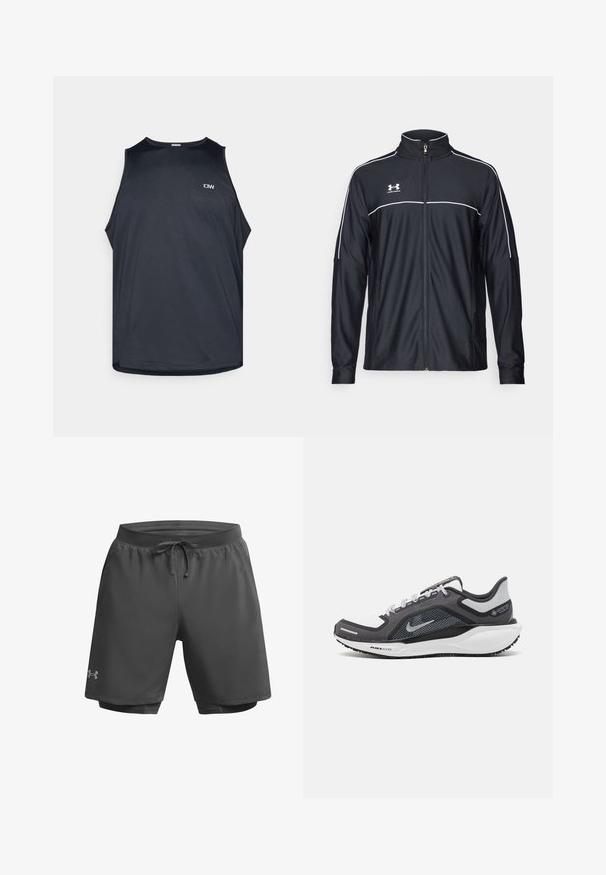Giacca sportiva nera realizzata in tessuto liscio, con colletto alto, zip completa e piping bianco lungo le spalle e il petto.; Top atletico nero in un tessuto testurizzato e traspirante. Caratterizzato da un colletto rotondo e ampie aperture per le braccia. Piccolo logo sulla parte anteriore.; Shorts atletici grigio scuro con cintura elastica, cordoncino regolabile e fodera interna in rete; presenta un logo discreto sulla gamba sinistra.; Scarpa da ginnastica nera e grigia con tomaia in rete, dettagli riflettenti e intersuola bianca. Presenta una suola in gomma testurizzata e lacci.