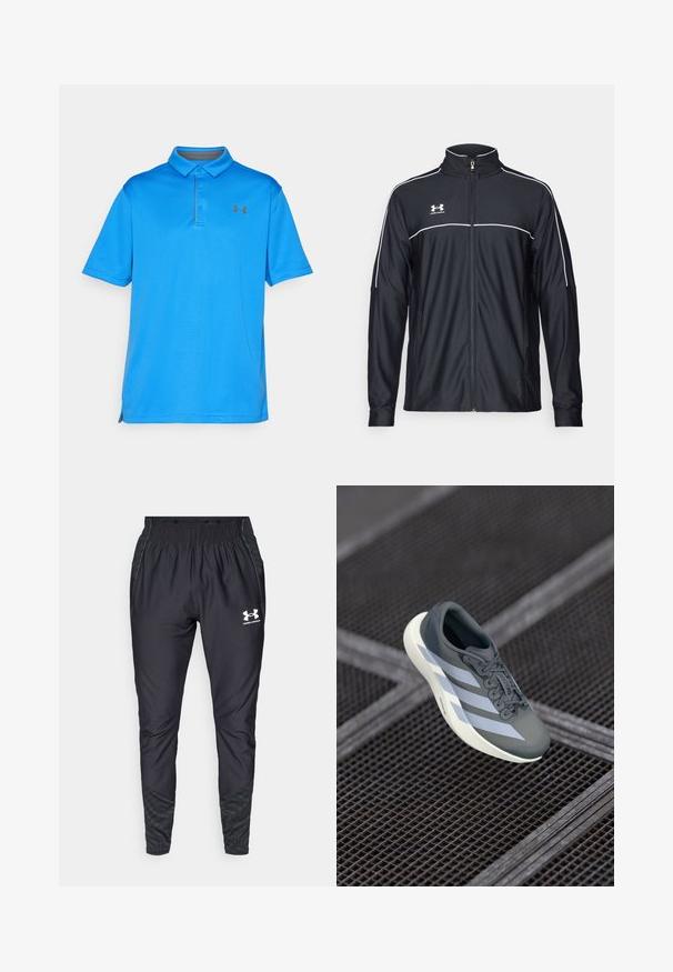 Fekete sportdzseki sima szövetből, magas nyakkal, teljes cipzárral és fehér díszítéssel a vállakon és a mellkason.; Kék pólóing texturált anyagból, gallérral, rövid ujjakkal és diszkrét logóval a mellkason. Oldalsó hasítékok a mozgás könnyebbsége érdekében.; Under Armour PRO PANT - Tréningruha alsók - black/white; Szürke és fehér sportcipő, szintetikus anyagból, áramvonalas kialakítással, texturált felülettel és hangsúlyos fűzőrendszerrel.
