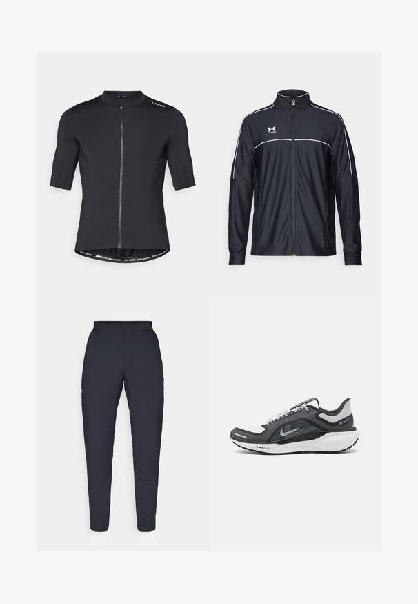 Chaqueta deportiva negra de tejido suave, con un alto cuello, cremallera completa y ribetes blancos en los hombros y el pecho.; Jersey de ciclismo corto negro con cuello alto, cremallera en el frente y detalles en la cinturilla en contraste que dicen "RIDE FASTER. RIDE FURTHER."; Pantalones deportivos negros con una textura suave, corte ajustado, cinturilla elástica y bolsillos laterales. Presentan un pequeño logo en el muslo izquierdo.; Zapatilla deportiva negro y gris con parte superior de malla, acentos reflectantes y una entresuela blanca. Presenta una suela de goma texturizada y cordones.