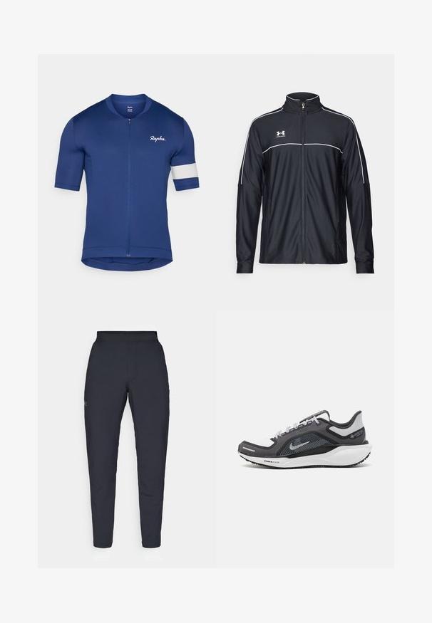 Jachetă sport neagră dintr-un material neted, cu guler înalt, fermoar complet și dungi albe pe umeri și piept.; Tricou de ciclism cu mânecă scurtă, de culoare albastru închis, dotat cu fermoar și accente albe. Fabricat dintr-un material texturat, respirabil, cu un design ajustat.; Pantaloni sportivi negri cu o textură fină, croială slim, talie elastică și buzunare laterale. Prezentă un mic logo pe coapsa stângă.; Încălțăminte sport neagră și gri, cu partea superioară din plasă, accente reflectorizante și o talpă intermediară albă. Dispune de o talpă din cauciuc texturat și șireturi.