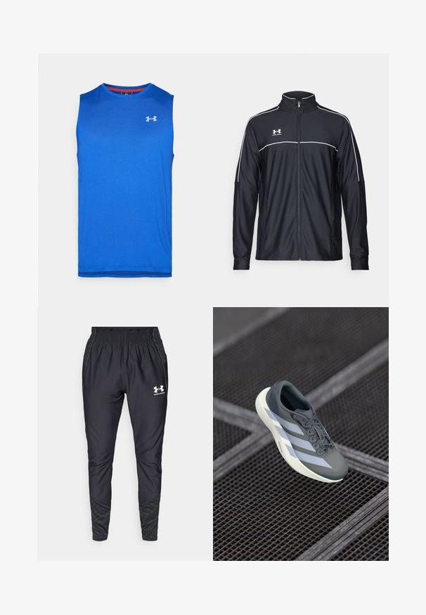 Giacca sportiva nera realizzata in tessuto liscio, con colletto alto, zip completa e piping bianco lungo le spalle e il petto.; Maglia sportiva senza maniche di colore blu brillante con scollatura rotonda e piccolo logo bianco Under Armour sul lato destro del petto.; Under Armour PRO PANT - Pantaloni sportivi - black/white; Scarpa sportiva grigia e bianca, realizzata in materiale sintetico, con un design aerodinamico, finitura testurizzata e sistema di allacciatura prominente.