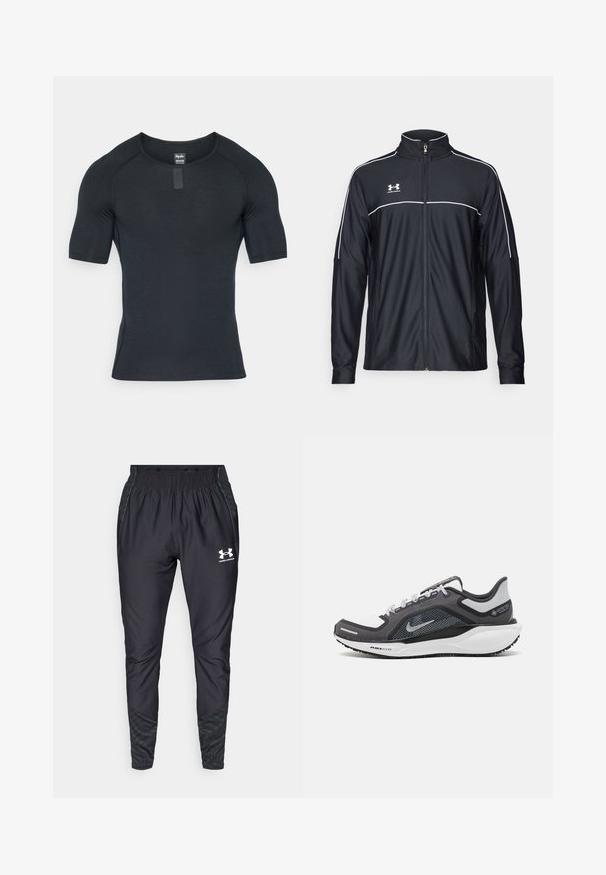 Musta urheilu takki, joka on valmistettu sileästä kankaasta. Takissa on korkea kaulus, täyspitkä vetoketju ja valkoiset tehosteet olkapäissä ja rinnassa.; Musta lyhythihainen urheilupaita, jossa on pyöreä pääntie, valmistettu sileästä, kevyestä kankaasta. Sisältää hienovaraisia ompeluyksityiskohtia ja tarran kauluksessa.; Under Armour PRO PANT - Verryttelyhousut - black/white; Musta ja harmaa urheilukenka, jossa on verkkopäällinen, heijastavat yksityiskohdat ja valkoinen välipohja. Varustettu kuvioidulla kumipohjalla ja nauhoilla.