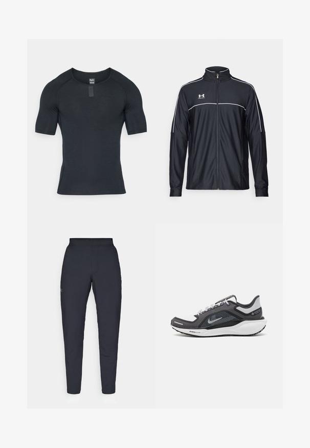 Schwarze Sportjacke aus glattem Material, mit hohem Kragen, durchgehendem Reißverschluss und weißen Paspeln entlang der Schultern und der Brust.; Schwarzes sportliches Kurzarmshirt mit rundem Halsausschnitt, gefertigt aus leichtem, glattem Stoff. Verfügt über dezente Nähte und ein Etikett am Kragen.; Schwarze Sporthose mit glatter Textur, schlankem Schnitt, elastischem Bund und seitlichen Taschen. Mit einem kleinen Logo auf dem linken Oberschenkel.; Schwarzer und grauer Sportschuh mit einem Mesh-Obermaterial, reflektierenden Akzenten und einer weißen Zwischensohle. Verfügt über eine strukturierte Gummisohle und Schnürsenkel.