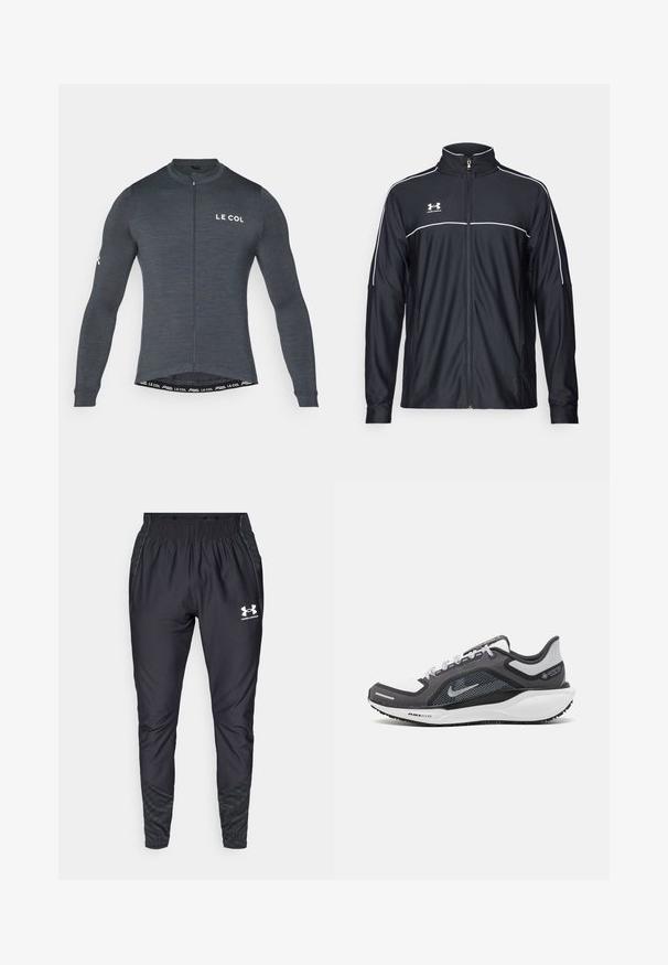 Μαύρο αθλητικό μπουφάν από λείο ύφασμα, με ψηλό γιακά, πλήρη φερμουάρ και λευκό ρέλι στους ώμους και στο στήθος.; Μακριά μανίκια ποδηλατικής μπλούζας σε σκούρο γκρι ύφασμα, με μπροστινό φερμουάρ και λευκό λογότυπο "LE COL" στο στήθος και στο μανίκι. Ελαστική, εφαρμοστή σχεδίαση.; Under Armour PRO PANT - Παντελόνι φόρμας - black/white; Μαύρο και γκρι αθλητικό παπούτσι με επάνω μέρος από διχτυωτό υλικό, ανακλαστικές λεπτομέρειες και λευκή μεσαία σόλα. Διαθέτει υφή από καουτσούκ στην εξωτερική σόλα και κορδόνια.